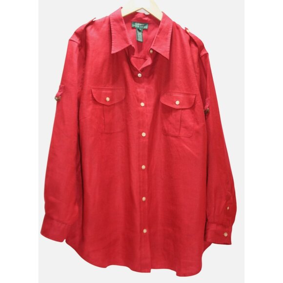 Ralph Lauren LRL Womens Red Linen Button Down Plus Size Top 3X Roll Tab Sleeve - Picture 1 of 8